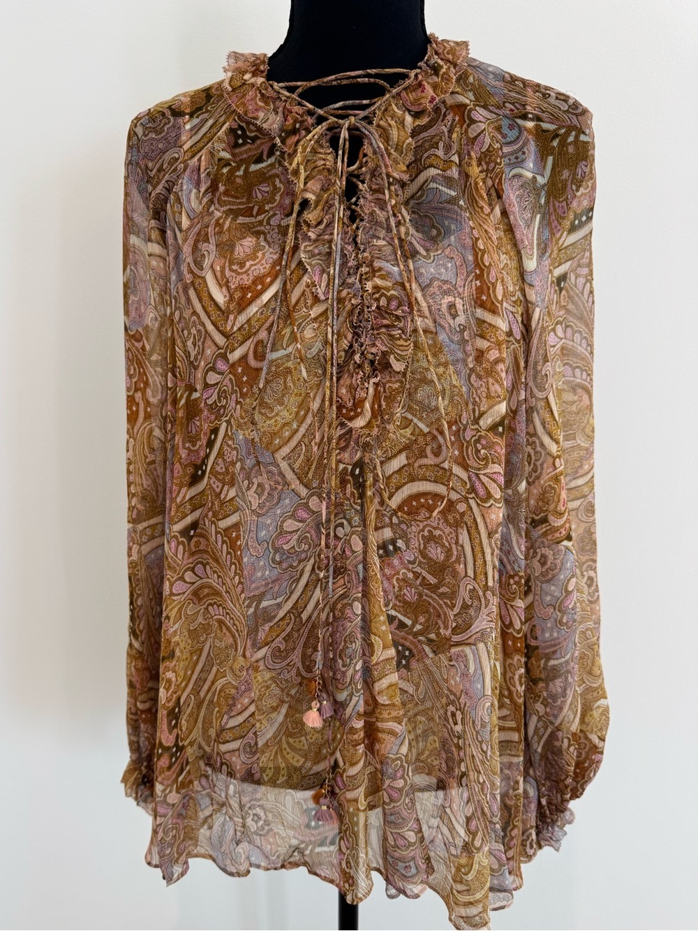 NWOT Zimmermann AU 1/ US Small Paisley Lace-Up Ruffle Blouse in Gold and blues - Picture 7 of 15